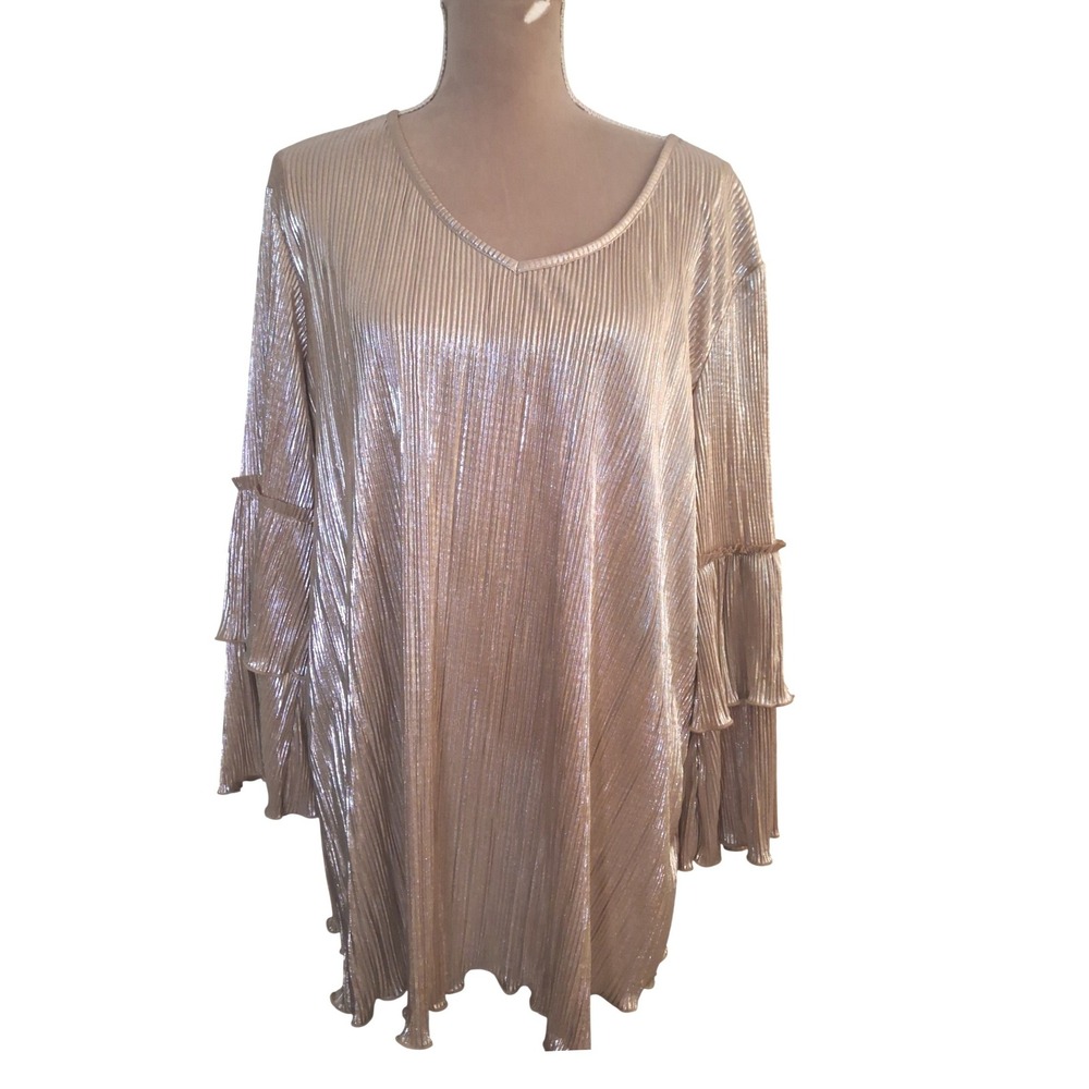 EST. 1946 Women Gold Metallic Pleated V-Neck Ruffle Sleeve Tunic Top 18/20W